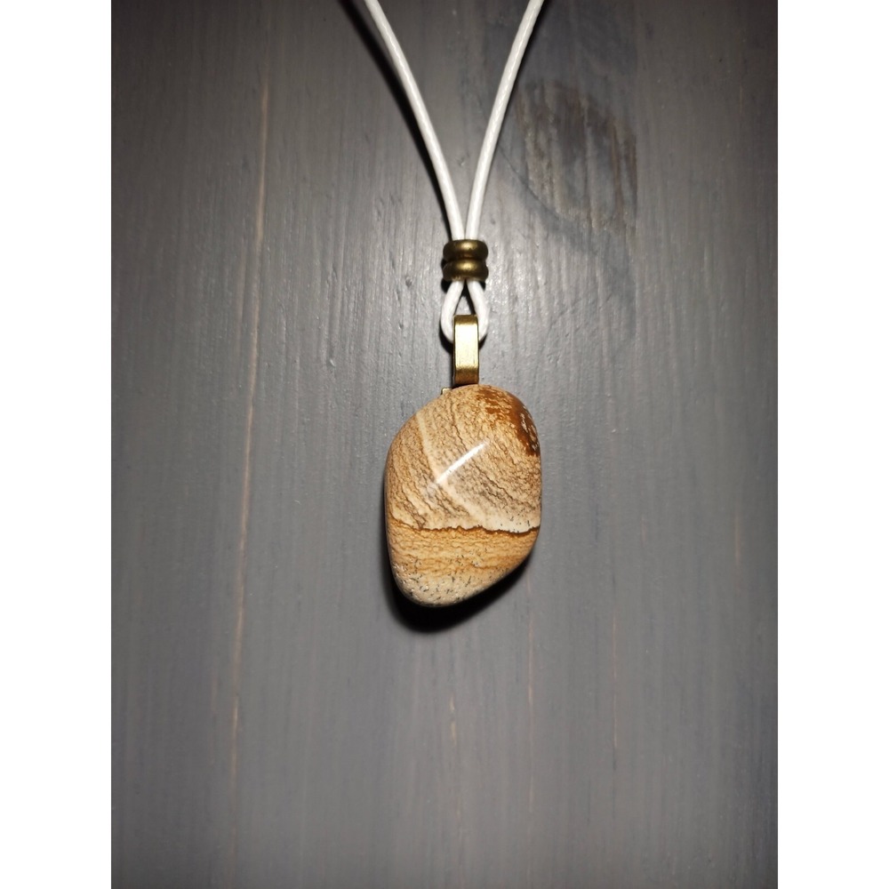 Picture Jasper Stone Pendant Necklace White Waxed Cord 17in Boho Earthy Jewelry